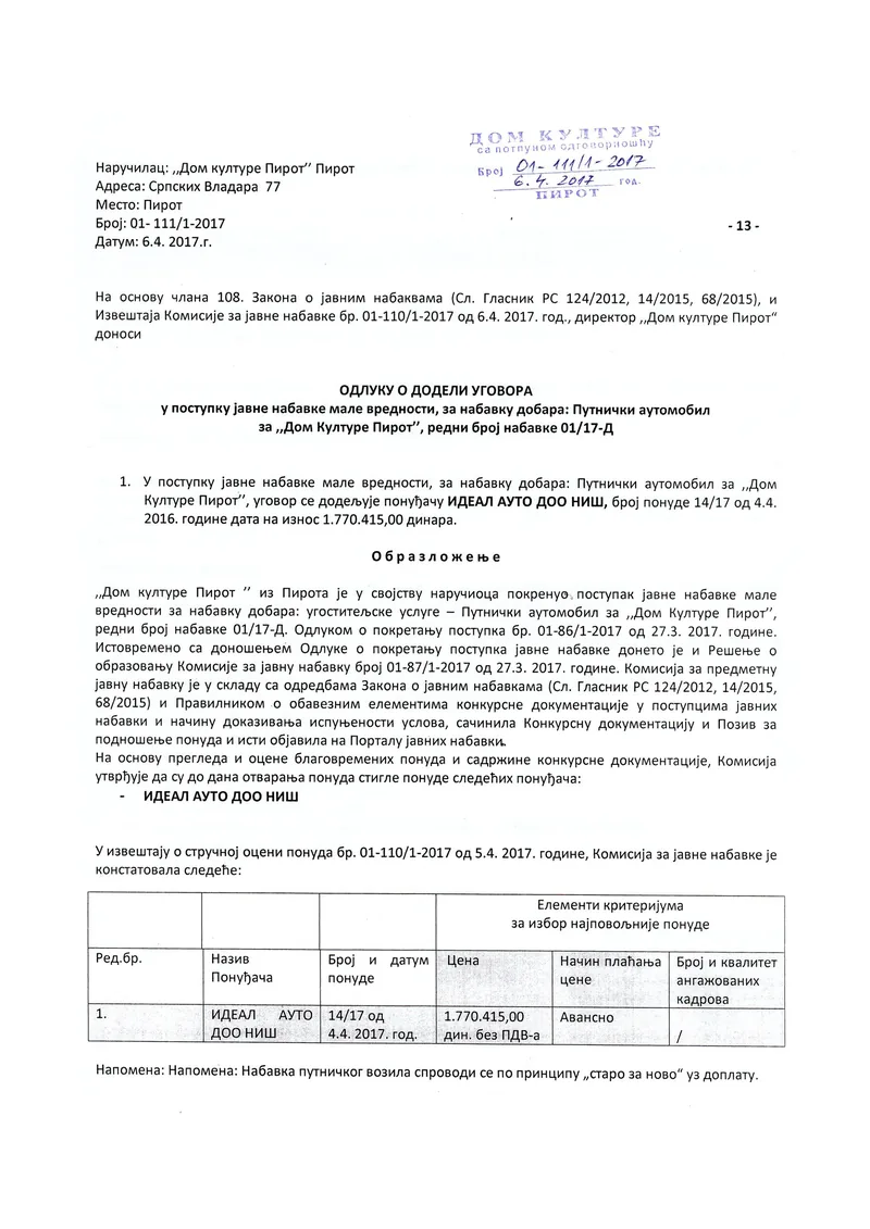 Odluka o dodeli ugovora JNMV 01-17