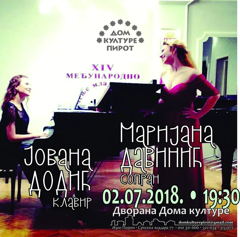 KONCERT • "Bella Italia" • Marijana DAVINIĆ, sopran i Jovana DODIĆ, klavir • 2018-07-02 • 19:30 • Dvorana Doma kulture